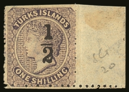 1881 "½" On 1s Lilac, Setting 10, Type 10, SG 20 Fine Marginal Mint (scissor Trimmed At Top). BPA Cert. For... - Turks & Caicos (I. Turques Et Caïques)