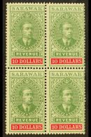 REVENUE STAMPS 1918 $10 Green And Carmine (Barefoot 40, Tan R21) BLOCK OF FOUR Never Hinged Mint, Lower Right... - Sarawak (...-1963)