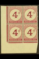 POSTAGE DUES 1950 4d Purple, Corner Block Of 4, SG D4, Never Hinged Mint, Vertical Crease Affects Two Stamps. For... - Nyassaland (1907-1953)