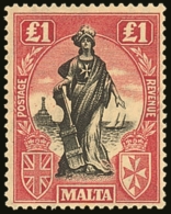 1925 £1 Black And Bright Carmine, Watermark Upright  SG 140, Fine Mint.  For More Images, Please Visit... - Malta (...-1964)