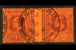 1902-03 4c Purple On Red, SG 112, Very Fine Cds Used Horiz Interpane GUTTER PAIR. Intact Used Interpanneau Pairs... - Straits Settlements