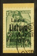 LITHUANIA. PONEWESCH 1941 15k Dark Green With Black Overprint, Michel 6b, Very Fine Used Tied To Small Piece.... - Other & Unclassified