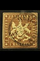 WURTTEMBERG 1859 1kr Brown Imperf Arms On Paper Without Thread, Michel 11a, Fine Used With Four Margins And Neat... - Other & Unclassified