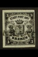 BREMEN 1855 3gr Black On Blue Horizontally Laid Paper, SG 1 (Michel 1y), Used With 4 Margins & Neat Little... - Other & Unclassified