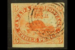 1851 3d Red On Laid Paper, SG 1, Used With 4 Small To Huge Margins Cancelled By Light Concentric- Ring Pmk. A... - Otros & Sin Clasificación