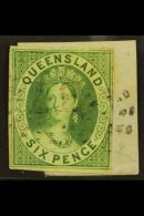 QUEENSLAND 1860 6d Green Imperf, Wmk Large Star, SG 3, Used Tied To Small Piece By Light "37" Cancellation With 3... - Sonstige & Ohne Zuordnung