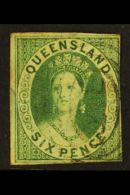 QUEENSLAND 1860 6d Green Imperf, SG 3, Used, Tiny Thin, 2+ Margins, Cat £800. For More Images, Please Visit... - Sonstige & Ohne Zuordnung