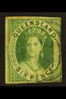 QUEENSLAND 1860 6d Green Imperf, SG 3, Used, Tiny Thin, 2+ Margins, Cat £800. For More Images, Please Visit... - Otros & Sin Clasificación