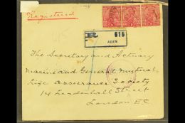 1917 Registered Cover To London Bearing India 1a KGV Strip Of Three Tied By Aden Cds's; Alongside Aden... - Aden (1854-1963)
