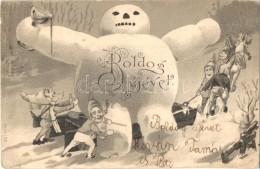 T3/T4 Boldog Újévet! / New Year, Snowman With Dwarves (ázott / Wet Damage) - Non Classés