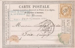 Yvert 55 TOULOUSE Haute Garonne GC 3982 17/2/1875 Sur Entier Carte Précurseur Repiquage AUTHIER Jne Pour Foix Ariège - Precursor Cards