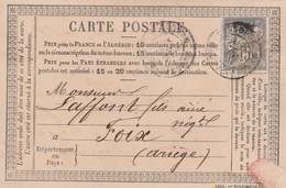 Yvert 77 Sage TOULOUSE Haute Garonne 24/11/1877 Sur Entier Carte Précurseur  Pour Foix Ariège - Precursor Cards