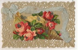 Carte En Celluloid Chromo Roses Coquillage Soie Silk Roses And Shell - Sonstige & Ohne Zuordnung