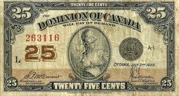 CANADA 25 CENTS WOMAN SHIP FRONT MOTIF BACK SIG McCAVOUR-SAUNDERS DATED 02-07-1923 F+ P11b READ DESCRIPTION - Kanada