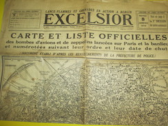 EXCELSIOR/Carte Et Liste Des Bombes D'Avions Et De Zeppelins Lancées Sur Paris Et La Banlieue/Guerre 14-18/1919   VJ115 - Andere