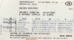 SNCB - GOLDEN RAILPASS  - Carte Pour 6 Voyages Pour Les Plus De 60 Ans (2002) - Europa