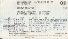 SNCB - GOLDEN RAILPASS  - Carte Pour 6 Voyages Pour Les Plus De 60 Ans (2003) - Europe