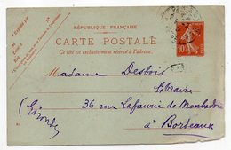 Entier--CP 10c Semeuse Rouge (datée 808)-cachet PARIS 51 Pour Bordeaux-33 - Standard Postcards & Stamped On Demand (before 1995)