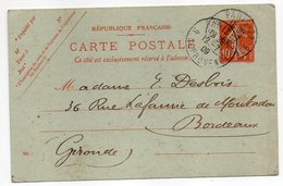 Entier--CP 10c Semeuse Rouge (datée 820)-cachet PARIS 22--75 (librairie Ancien Temps IXème)  Pour  BORDEAUX-33 - Cartes Postales Types Et TSC (avant 1995)