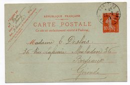 Entier--CP 10c Semeuse Rouge (datée 951)-cachet PARIS 22--75   Pour  BORDEAUX-33 - Standard Postcards & Stamped On Demand (before 1995)
