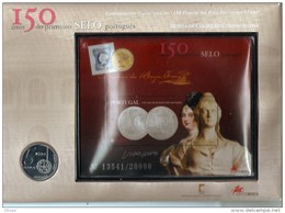 PORTUGAL 2003 Block Of 150 Aniv. Of Portuguese First Issue Stamp In A Cover Together With 5 Euro Coin. - Cartas & Documentos