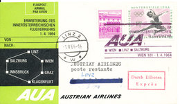 Austria First AUA Express Flight Cover Wien - Linz - Salzburg 1-4-1964 - First Flight Covers