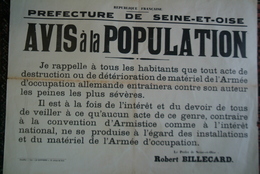 GUERRE 1939-1945-MILITARIA- RARE AFFICHE PREFECTURE SEINE ET OISE- ROBERT BILLECARD-AVIS POPULATION- VERSAILLES- WW2 - Afiches