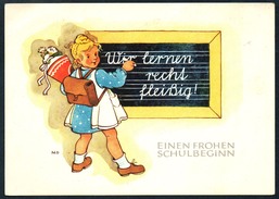 8775 - Marianne Drechsel Glückwunschkarte - Schulanfang - Mädchen An Tafel Zuckertüte - Marianne Drechsel - DDR 1954 - Primero Día De Escuela