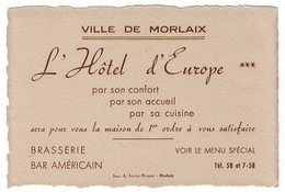 MORLAIX  L'HOTEL D'EUROPE BRASSERIE BAR AMERICAIN   TBE - Sports & Tourisme