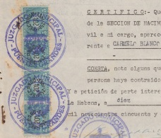 REP-175 CUBA REPUBLICA REVENUE (LG-1160) 10c PALACIO DE JUSTICIA 1952 + 5c TIMBRE NACIONAL. JUSTICE PALACE COMPLETE DOC - Postage Due