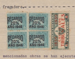 REP-192 CUBA REPUBLICA REVENUE (LG-1096) 5c (4) TIMBRE NACIONAL 1946 + CASA DE TRIBUNALES 1939. COMPLETE DOC - Timbres-taxe