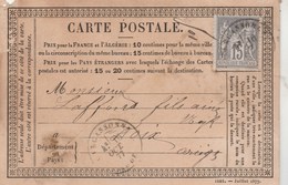 Yvert 77 Sage Sur Carte Précurseur Carcassonne Aude 16/10/1877 Pour Foix Ariège Voir Scan - Precursor Cards