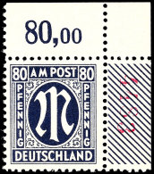 80 Pfg AM-Post, Deutscher  Druck, Zähnung L 11, Z-Papier, Eckrandstück Oben Rechts Mit Vierstelliger,... - Otros & Sin Clasificación