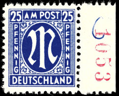 25 Pfg AM-Post, Deutscher Druck, Zähnung L 11 1/2 : 11, Papier Z, Seitenrandstück Rechts Mit Roter... - Otros & Sin Clasificación