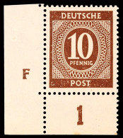 10 Pf. Ziffer Dunkelbraun, Linke Untere Bogenecke Mit Druckerzeichen "F", Postfrisch, Mi. 150,-, Katalog: 918DZ... - Autres & Non Classés
