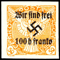 100 Heller Auf 50 Heller Zeitungsmarke Mit Aufdruck "Wir Sind Frei! + Hakenkreuz", Tadellos Ungebraucht, Geringe... - Autres & Non Classés