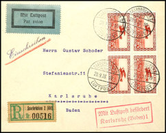 50 Cent Flugpost 1928, Erstauflage, Viererblock (eine Marke Plattenfehler X), Portogerechte Mehrfachfrankatur Auf... - Otros & Sin Clasificación