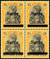 25 Pf Germania Sarre Viererblock In B-Farbe Mit Aufdruck Type III Tadellos Postfrisch, Gepr. Dr. Dub Und Fotobefund... - Autres & Non Classés