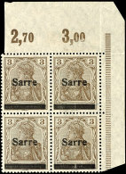 3 Pfg Germania Mit Aufdruck "Sarre" In Type II, Viererblock Vom Eckrand Oben Rechts (Feld 9/10 Und 19/20),... - Otros & Sin Clasificación