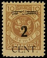 2 C. Auf 10 Mark Mit Aufdruckfehler "linker Zierbalken Zu 1/4 Unterbrochen", Ungebrauchtes Kabinettstück,... - Memelland 1923
