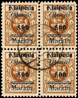 10 M. Auf 5 C. - 500 M. Auf 1 L., Komplett In Zentrisch Gestempelten 4er-Blocks, Geprüft Dr. Petersen BPP, Mi.... - Memel (Klaïpeda) 1923