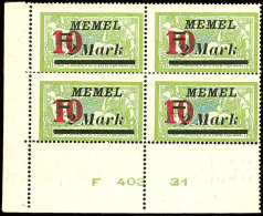 10 Auf 2 Mark. Auf 45 C. Grün, Postfrischer Kabinett-Viererblock Aus Der Linken Unteren Bogenecke Mit... - Memelland 1923