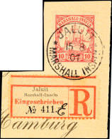 10 Pf. A. Briefausschnitt, Klar Gestempelt "JALUIT 15/08/01" Und R.-Zettel "Jaluit No. 411" Mit Verzähnung... - Marshall