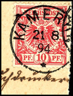 10 Pf Mittel(kamin)rot, UV Dunkelgelb, Tadellos Auf Briefstück, Zentrisch Gestempelt "KAMERUN 21/8/94",... - Camerún