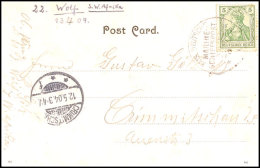 MSP No. 22 13.4.04 (SMS Wolf), Recht Klar Auf AK "Gabun" Mit 5 Pfg Germania Nach Deutschland, Ak.-Stempel,... - Duits-Zuidwest-Afrika