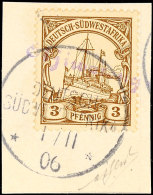 OTJIWARONGO, L1 Rundschrift Violett Mit Wanderstempel 1/11 06 Auf Briefstück 3 Pf. Kaiseryacht, Sign. Bloch,... - África Del Sudoeste Alemana