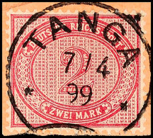 2 Mark Dunkelrotkarmin Mit Klarem Und Zentrischem Stempel "TANGA 7/4 99" (Steuer + 30 %), Auf Briefstück,... - África Oriental Alemana