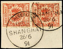 50 Pf. Senkr. Paar Mit Zwei Stempeln KDPAG SHANGHAI 26/6 91, Gepr. Dr. Steuer BPP, Mi. 340.-, Katalog: V50b(2)... - Chine (bureaux)