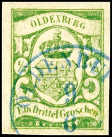 1/3 Gr. Moosgrün Mit Blauem Dkr. "OLDENBURG 9/6", Stark Repariert, Bildseitig Schönes Stück,... - Oldenbourg