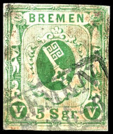 5 Sgr (dunkel)grün Auf Gestrichenem Papier Gestempelt Mit Kastenstempel "BREMEN", Dopp. Gepr. Pfenninger Und... - Brême